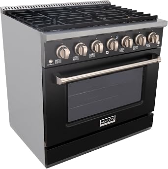 Akicon 36 Inch Freestanding Gas Range - Gas Oven Stove with 6 Sealed Burners, Heavy Duty Cast Iron Grates - 5.2 cu. ft. Capacity Rapid Convection Oven with Porcelain Interior Black & Stainless Steel