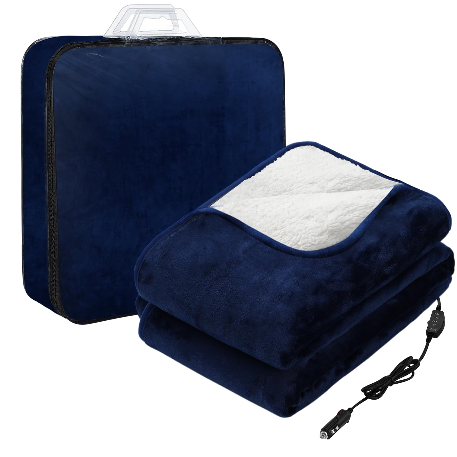 Riakrum 12v Heated Car Blanket 58" x 43", 3 Heating Level Electric Heated Blanket Portable Throw with Temperature Controller Cigarette Lighter Socket for Truck Winter(Navy Blue,Solid)