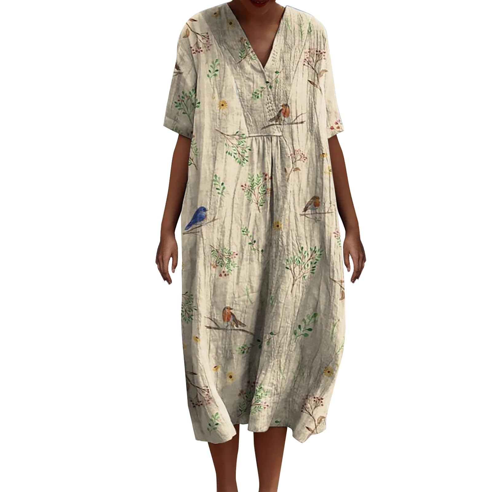 Generic Vestido de verano largo para mujer, vestido de playa, cuello en V, manga 1/2, vestido floral, tallas grandes, vestido maxi ligero y aireado de lino de lino, estilo bohemio, playa, vacaciones,