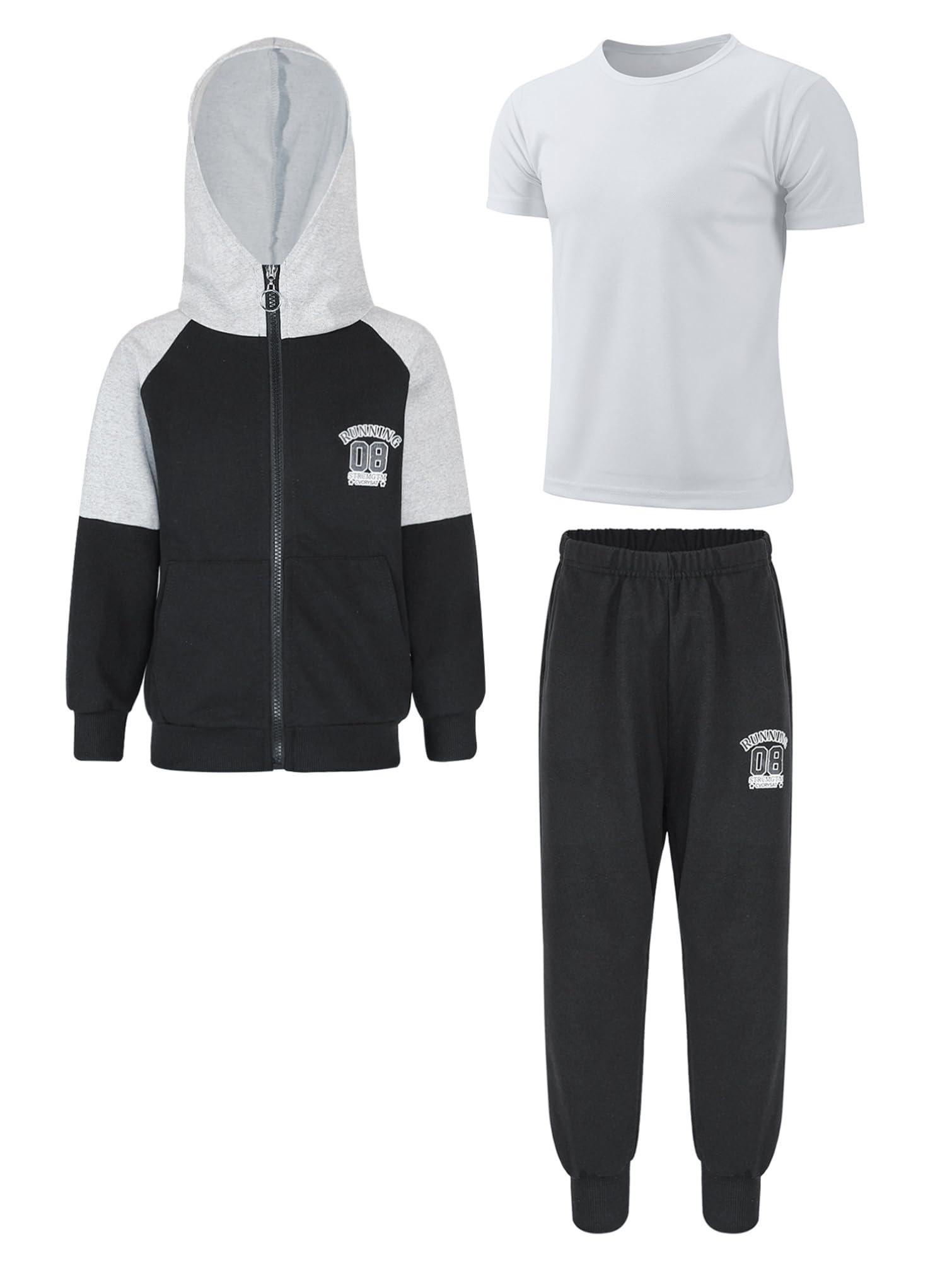 TiaoBug Chłopięcy dres treningowy z kapturem, bluza z zamkiem błyskawicznym, długie spodnie i koszulka sportowa, spodnie do biegania, spodnie treningowe, dwuczęściowy strój sportowy