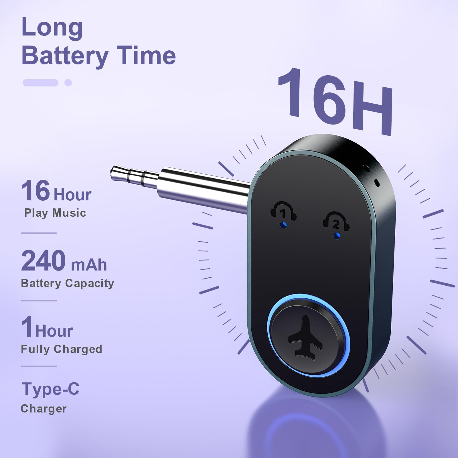 Nadajnik audio Bluetooth 5.3, adapter do słuchawek Bluetooth z podwójnym połączeniem, przenośny nadajnik Bluetooth do samolotu, odtwarzanie 16H, bezprzewodowe adaptery Aux 3,5 mm do domowego