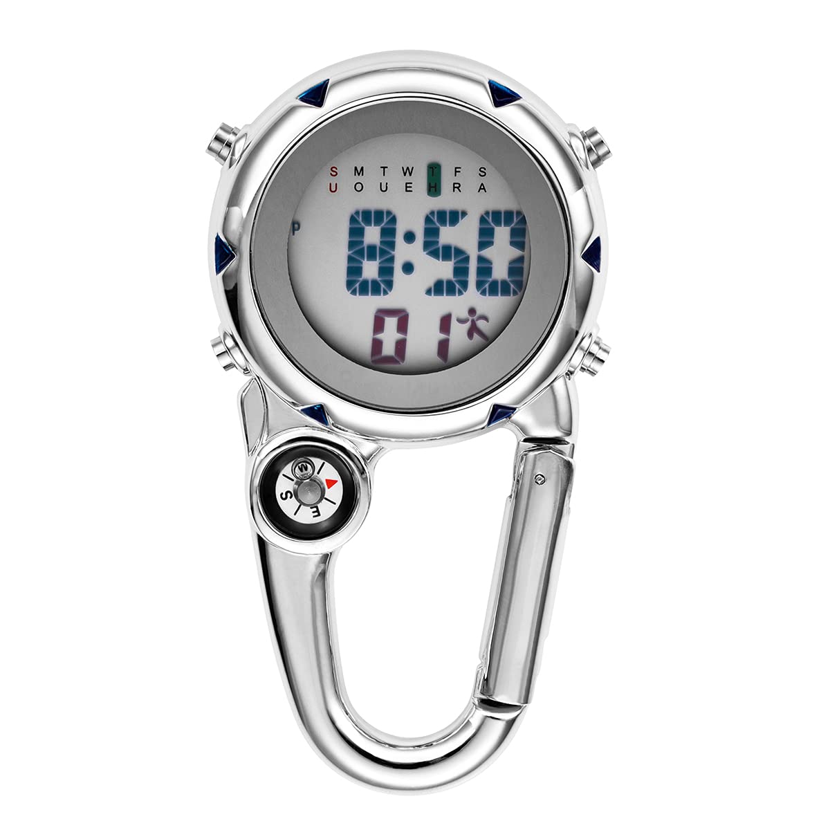 Ibohevo Clip on Compass Digital Carabiner Watch with Alarm Clock - 3ATM Waterproof Backpack Fob Watch