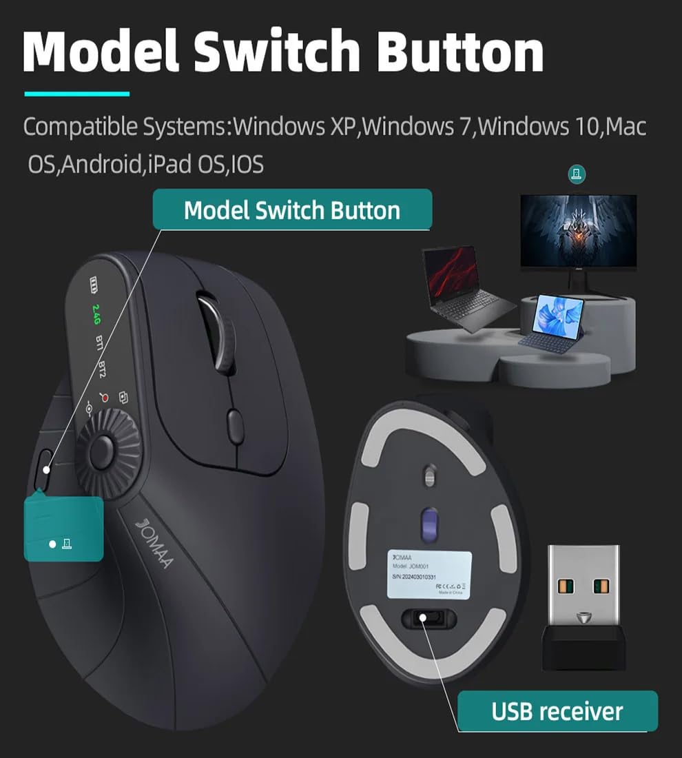 JOMAA Wireless 2.4G & Dual Bluetooth tre canali mouse verticale ergonomico DPI regolabile, giradischi multifunzione per PC, laptop, MacBook, ricaricabile (nero)