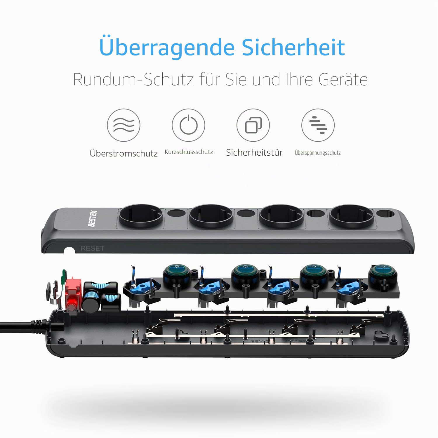 BESTEK 4 Fach Verteiler Steckdosenleiste einzeln schaltbar mit Überlastschutz, Überstromschutz und Kinderschutz, Steckerleiste Wandmontage, 3600W/16A, schwarz