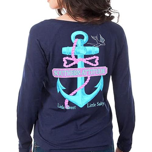 Southern Attitude Salty Anchor Navy Blue Preppy Long Sleeve Shirt