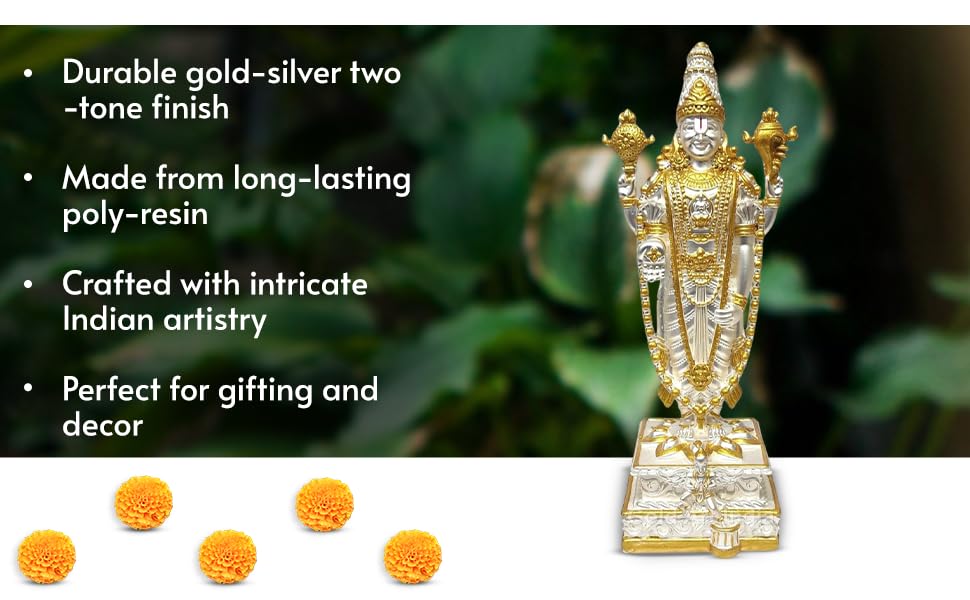 Image of Gold Art India Lord Tirupati Balaji Idol with Garuda Murti for Mandir Pooja Room Lord Vishnu Shree Venkateswara Swamy Statue God Balaji Home Decor Showpiece Gift Living Room (Gold Silver Plated)