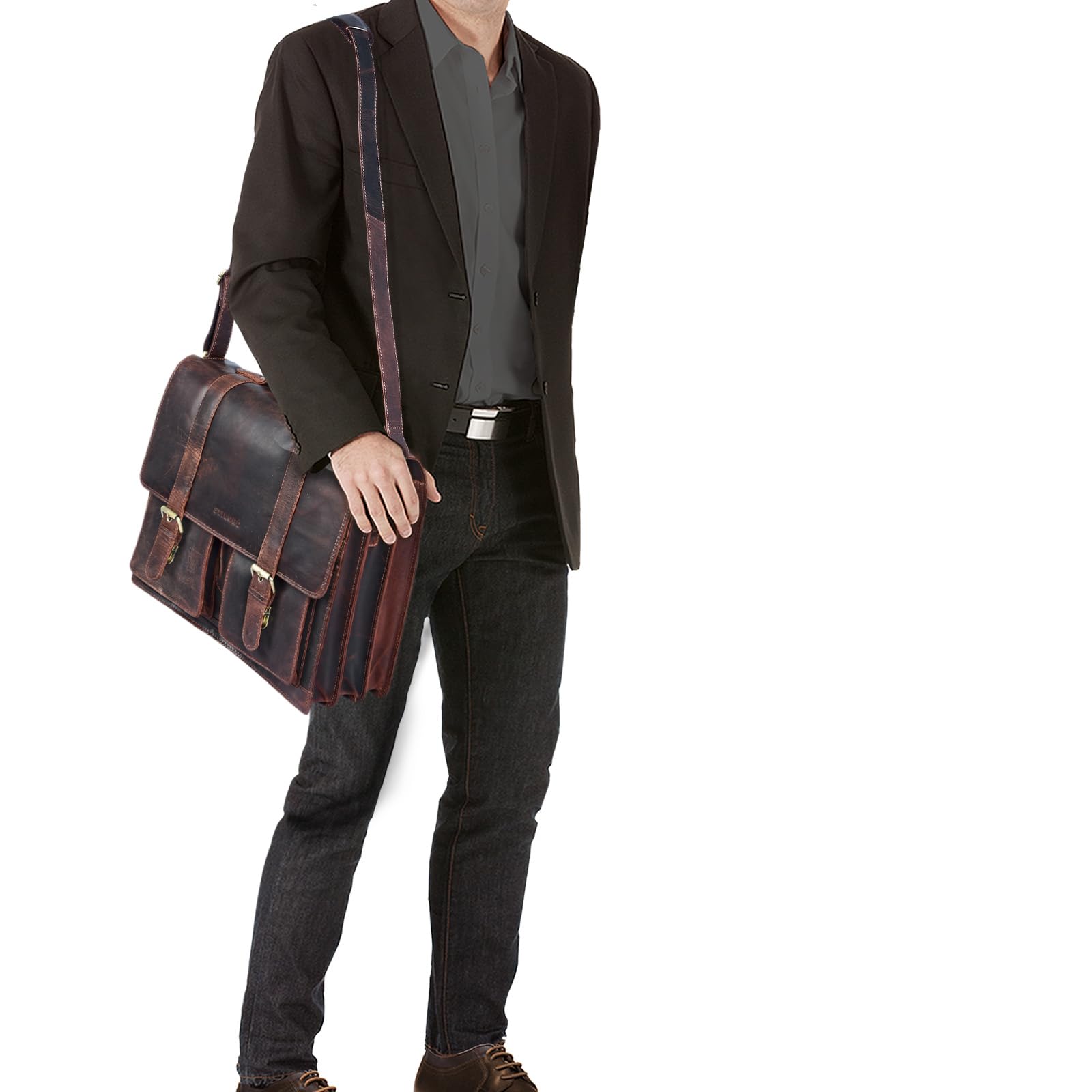 STILORD 'Marius' Maletín de Piel Unisex para Profesor o Negocios Bolso Mensajero o Bandolera Grande para Hombres Mujeres y portátil de 14" de auténtico Cuero Color:Negro