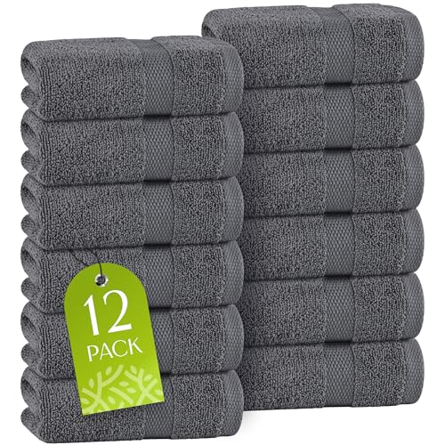 Image of White Classic Dark Gray Washcloths Set for Body and Face Towel, Cotton Wash Cloths Bulk 12 Pack, Spa Fingertip Wash Clothes 12x12 Inch, Soft Absorbent Gym Towels