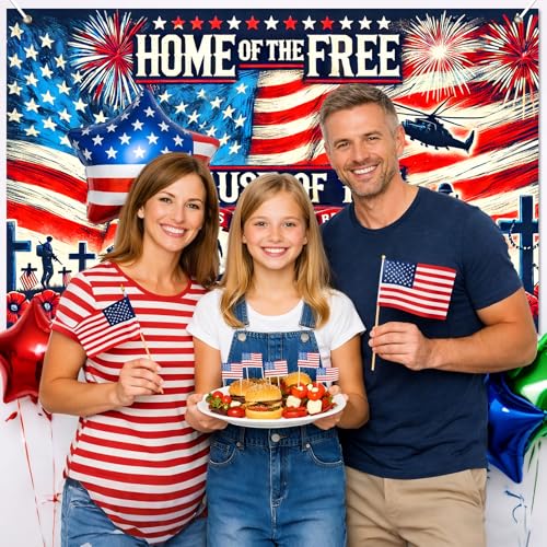 Image of BlissYard 4th of July Banner 71 x 43 Inches Patriotic Decorations Home of The Free Because of The Brave Backdrop American Flag Fireworks Banner for Outdoor Memorial Day Veterans Day Party Decor Photo Studio Booth