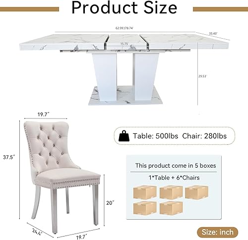 Miniatura 7 de Henf Juego de mesa de comedor de mármol sintético de 7 piezas para 6, mesa de comedor extensible de 63"-79" y 6 sillas acolchadas beige para 6, mesa