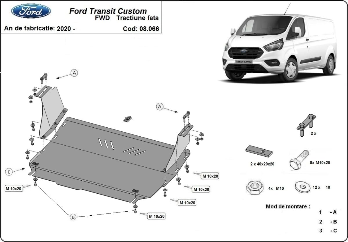 Placa protectora de acero y transmisión compatibles con Ford Transit Custom