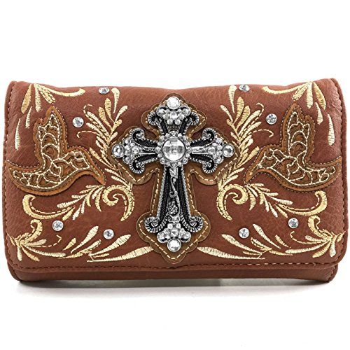 Justin West Embroidery Hummingbird Autumn Floral Design Rhinestone Cross Wristlet Trifold Wallet Attachable Long Strap (Tan Brown)