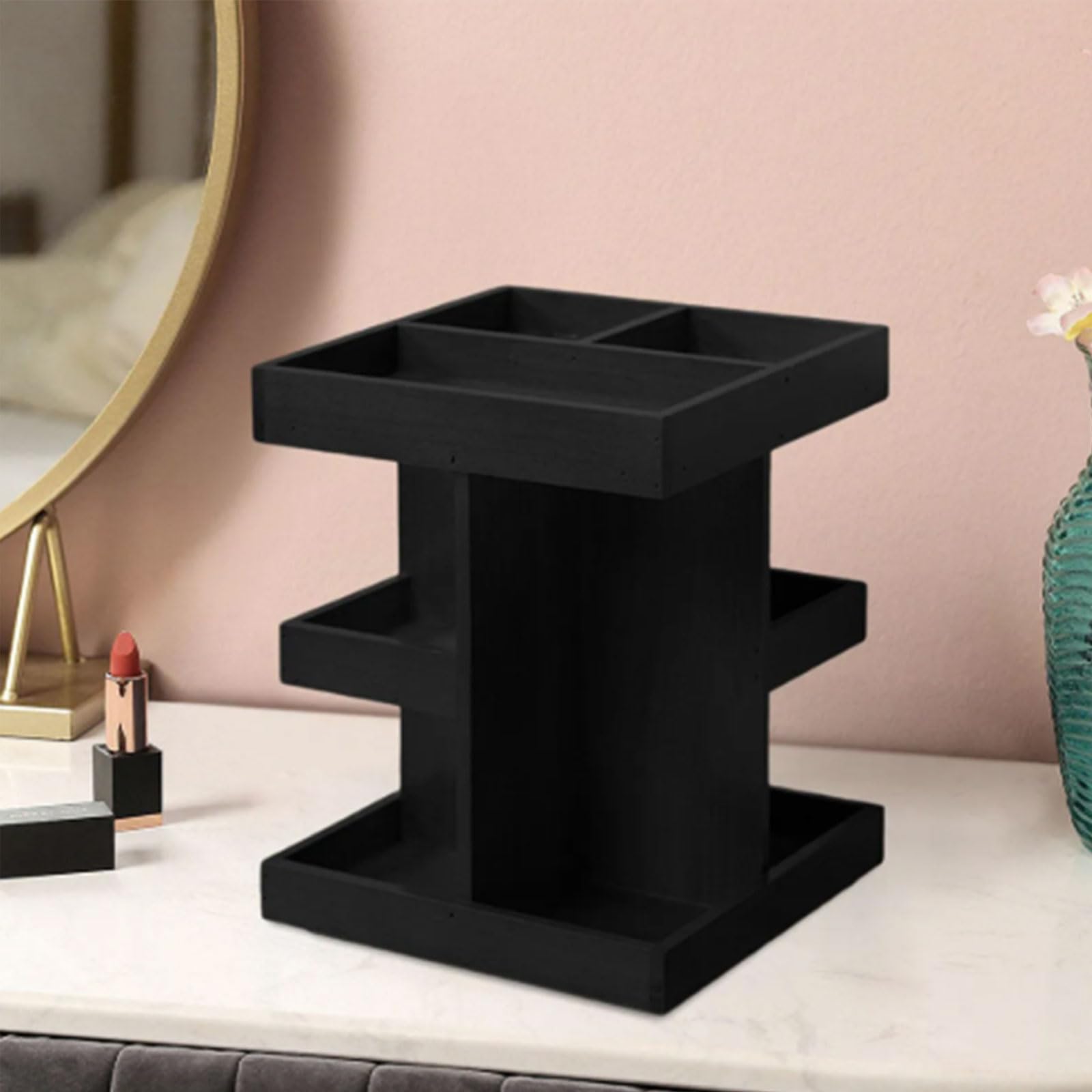 Organizador de tocador giratorio eficiente, 360 grados, múltiples capas, de madera, para almacenamiento de cosméticos, ahorro de espacio, estante de escritorio