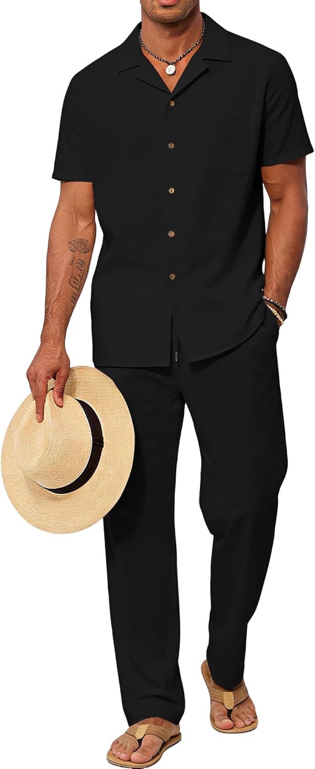 UOUA Mens 2 Piece Outfit Summer Beach Button Down Shirt Casual Loose Pant Sets