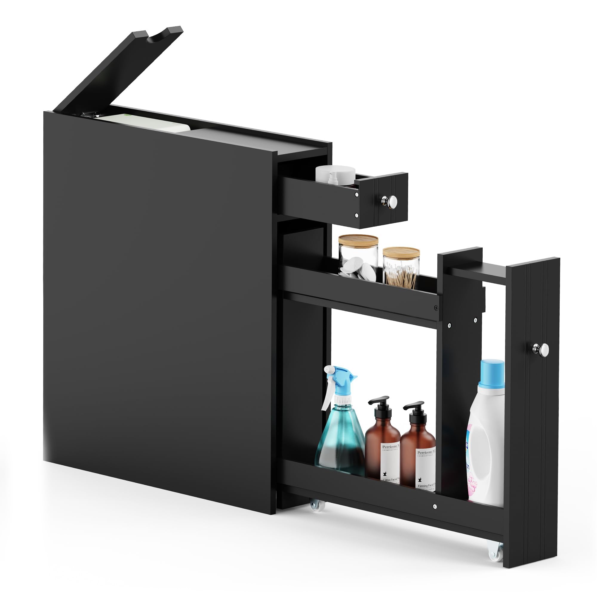VonHaus Slim Bathroom Storage Unit - Black Slimline Bathroom Cabinet - Narrow & Compact Bath Organiser with Drawer & Slide Out Shelving - Freestanding Shaker Style Storage - Shrewsbury