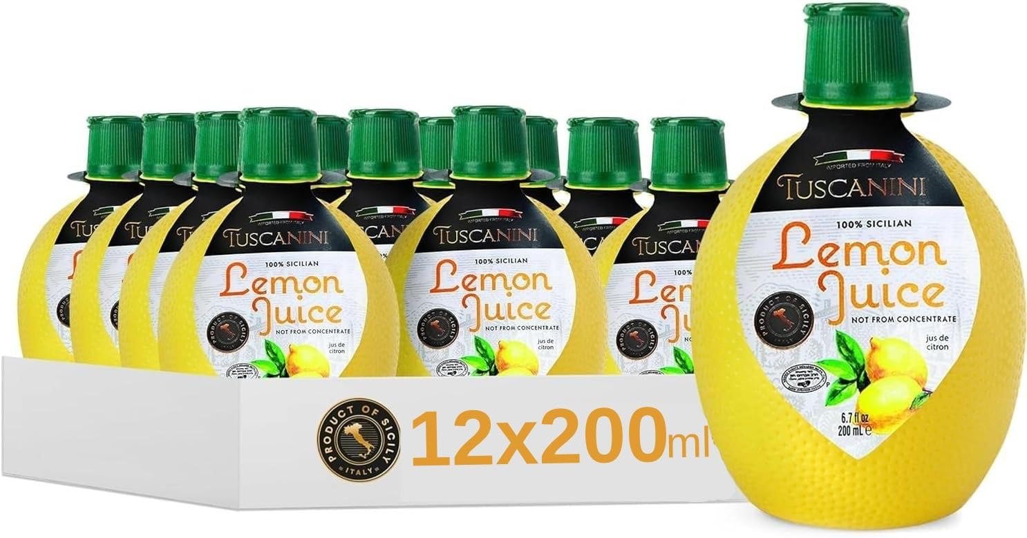 Tuscanini 100% Sicilian Lemon Juice, Not from Concentrate, 200ml Lemon Shaped Squeeze Bottle (12 Pack) No Water Added | Product of Italy | Certified Kosher (Including Passover)