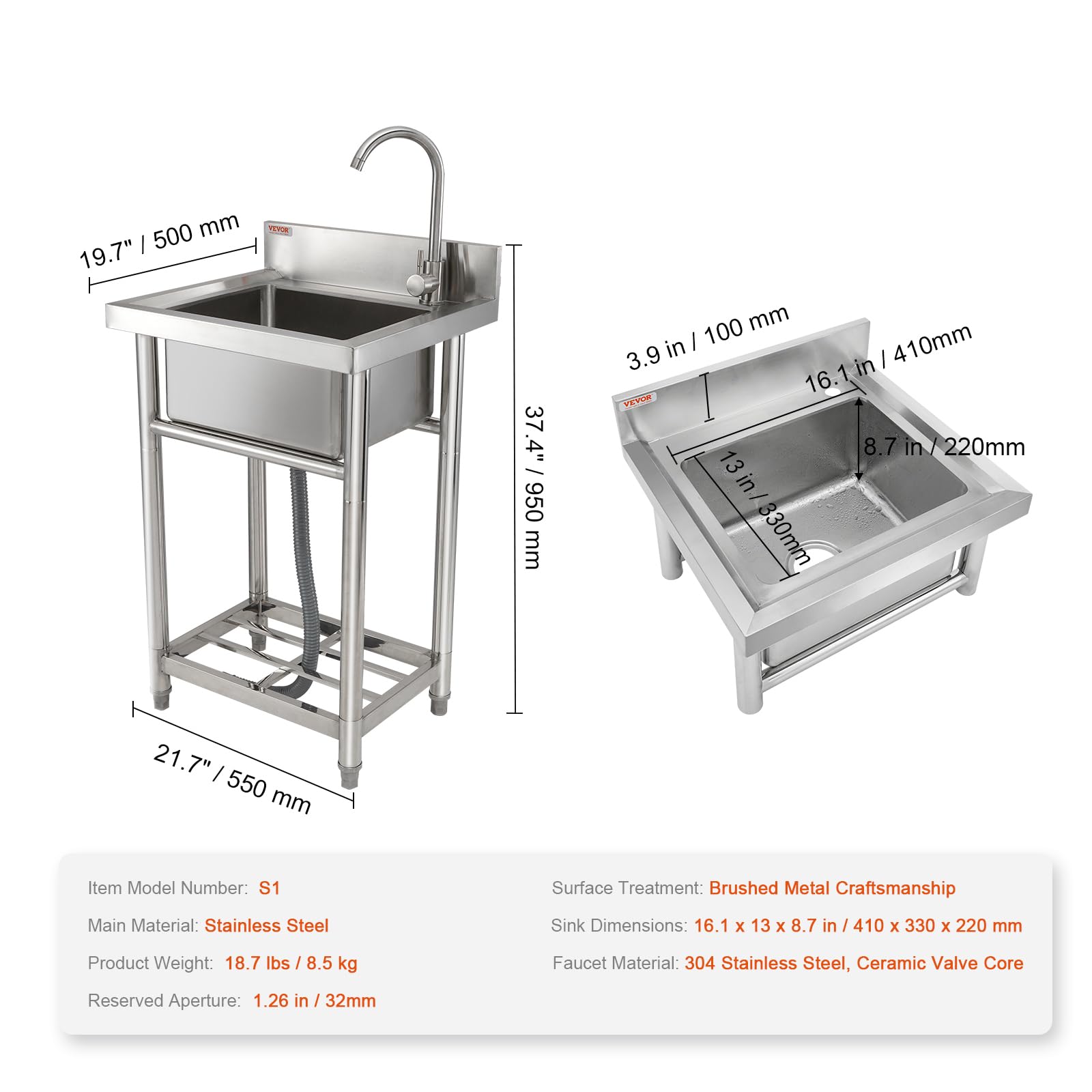 VEVOR Fregadero Utilitario de Acero Inoxidable, Fregadero Pequeño Independiente de 1 Compartimento que Incluye Grifo y Patas, Fregaderos Comerciales de un solo Tazón de 410 x 330 x 220 mm