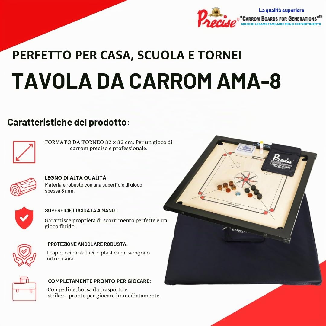 Precise Prof Carrom - AMA-One 8 mm - 12 kg Torneo - India fatto a mano - Torneo competizione - Completo di pietre, Striker in tasca - Top Qualitate