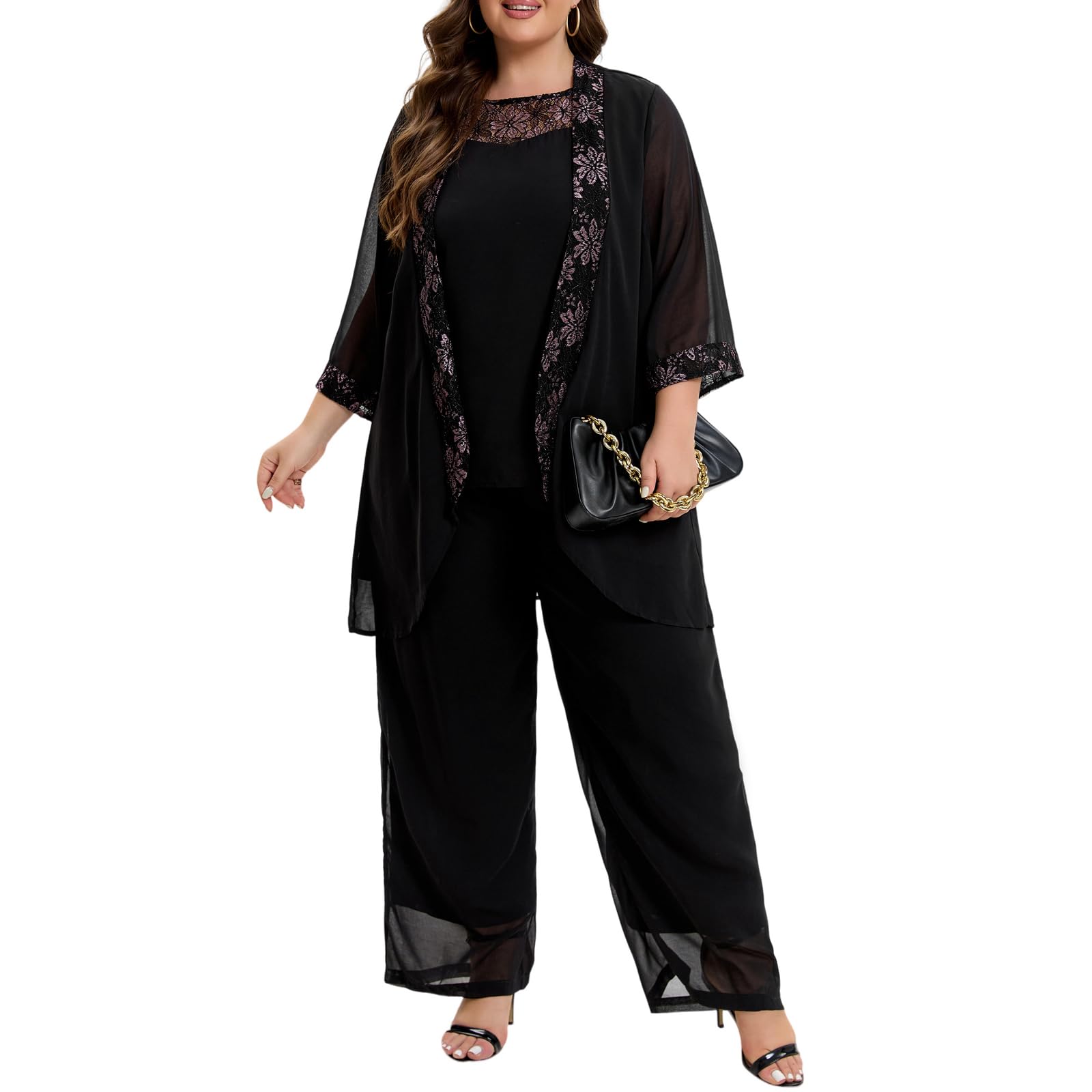 Womens Plus Size Mother of Bride Pant Suits 3 Piece Chiffon Party Sets Lace Splicing Design Evening Gowns
