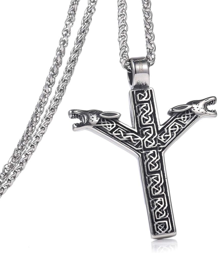 FIZIZDH Men's Stainless Steel Wolf Cross Biker Pendant Necklace,24 inch Link Chain