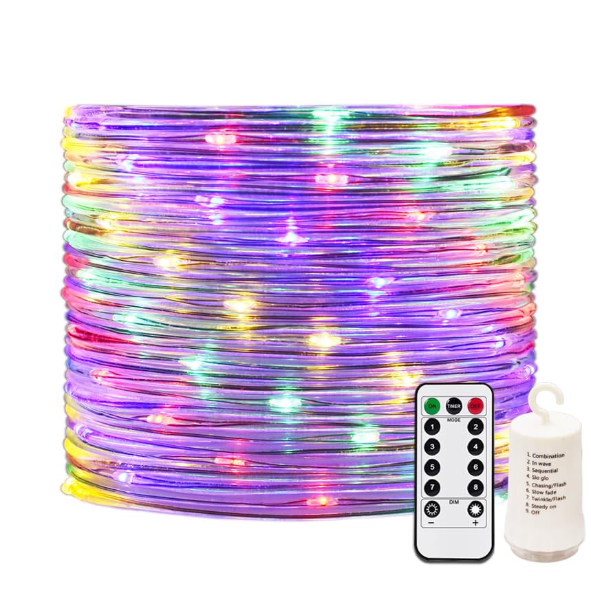 RcStarry Outdoor Rope/Wire Lights Multicolor, 20M/66Ft 8 Modes Battery Operated Dia 3MM Rope Lights Outdoor Waterproof Fairy Lights with Remote Control for Tree Bedroom Christmas Garden Decoration