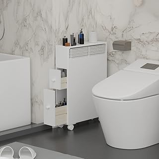 MASAKA B&W Wooden Movable Bathroom Storage Cabinet with 2 Drawers and Shelf, Toilet Paper Storage, Corner Shelves, Bathroom Furniture Sets, Side Storage Organizer Toilet