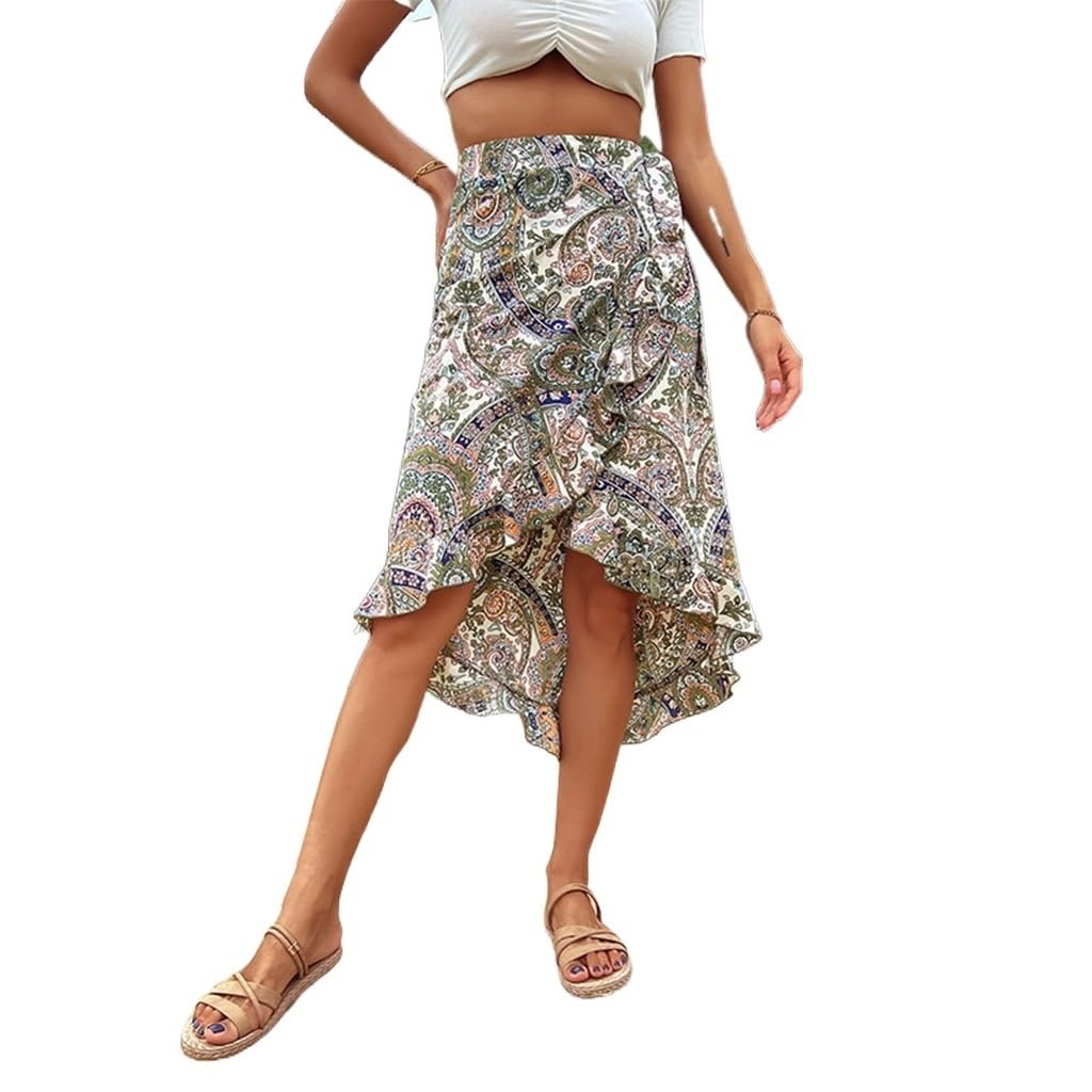 Mujeres Boho Floral Imprimir Wrap Lazo Ruffle Hem Split Midi Falda Verano de Gasa Flowy Playa Faldas Midi