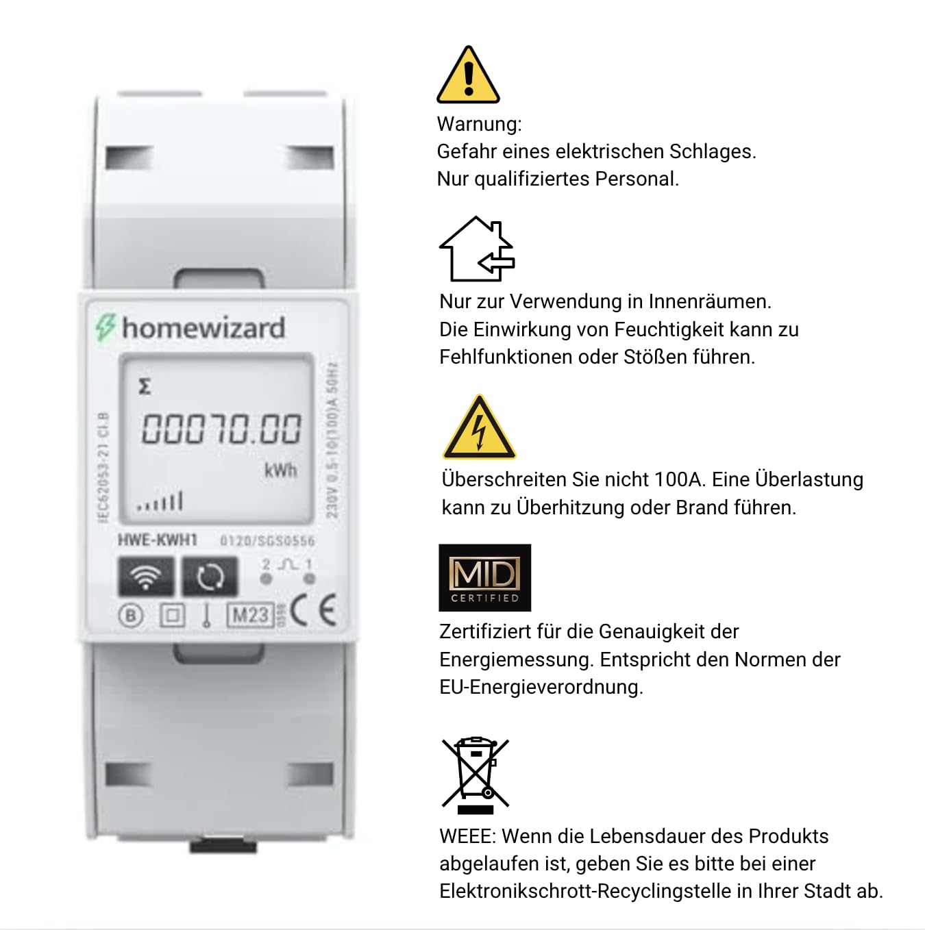 HomeWizard kWh metro WLAN 1 fase, certificato MID, guida DIN da 35 mm, 100 A 230 V, contatore di corrente per energia solare, pompa di calore, stazione di ricarica per auto elettrica, contatore di