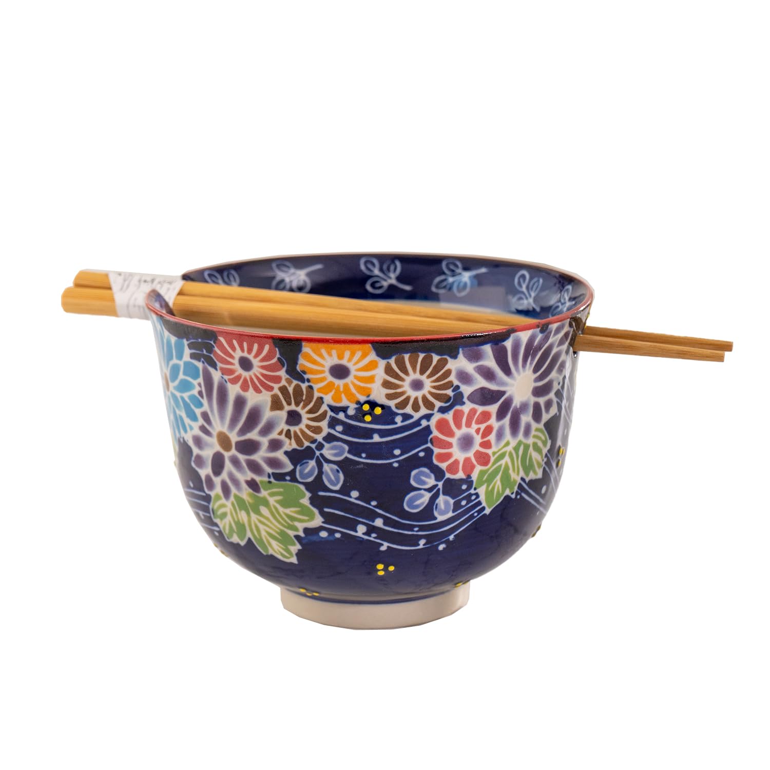 Hinomaru Collection Quality Japanese Ramen Udon Noodle Bowl with Chopsticks Bowl Set 5 Inch Diameter (Flower Mix)