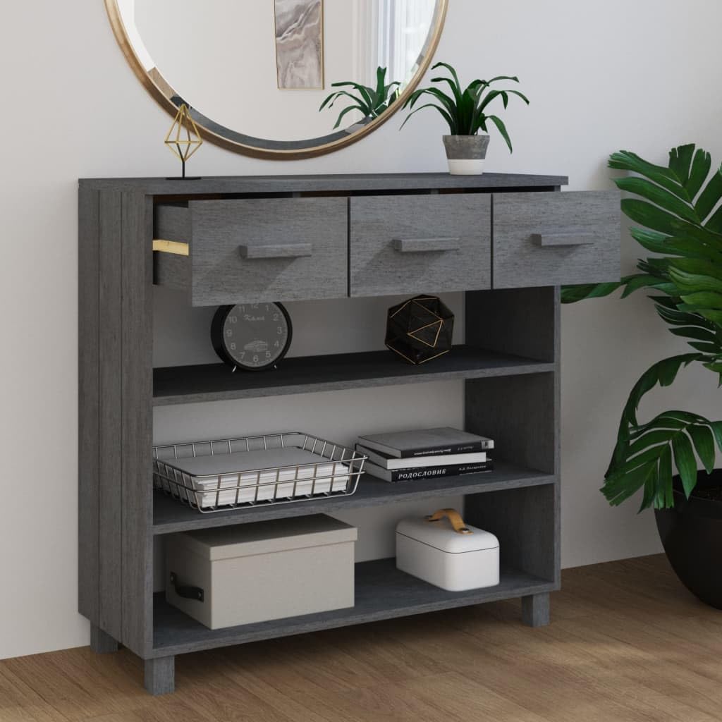 HAMAR - Mesa consola (90 x 35 x 90 cm, madera maciza de pino con 3 estantes y 3 cajones para almacenamiento, mesa auxiliar, mesa auxiliar, mesa auxiliar de madera robusta, para decoración y