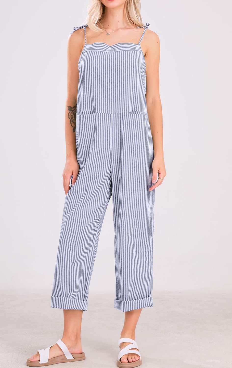 loveimgs Womens Summer Casual Striped Overall Jumpsuit Oversized Baggy Wide Leg Bib Overalls Pants with Pockets