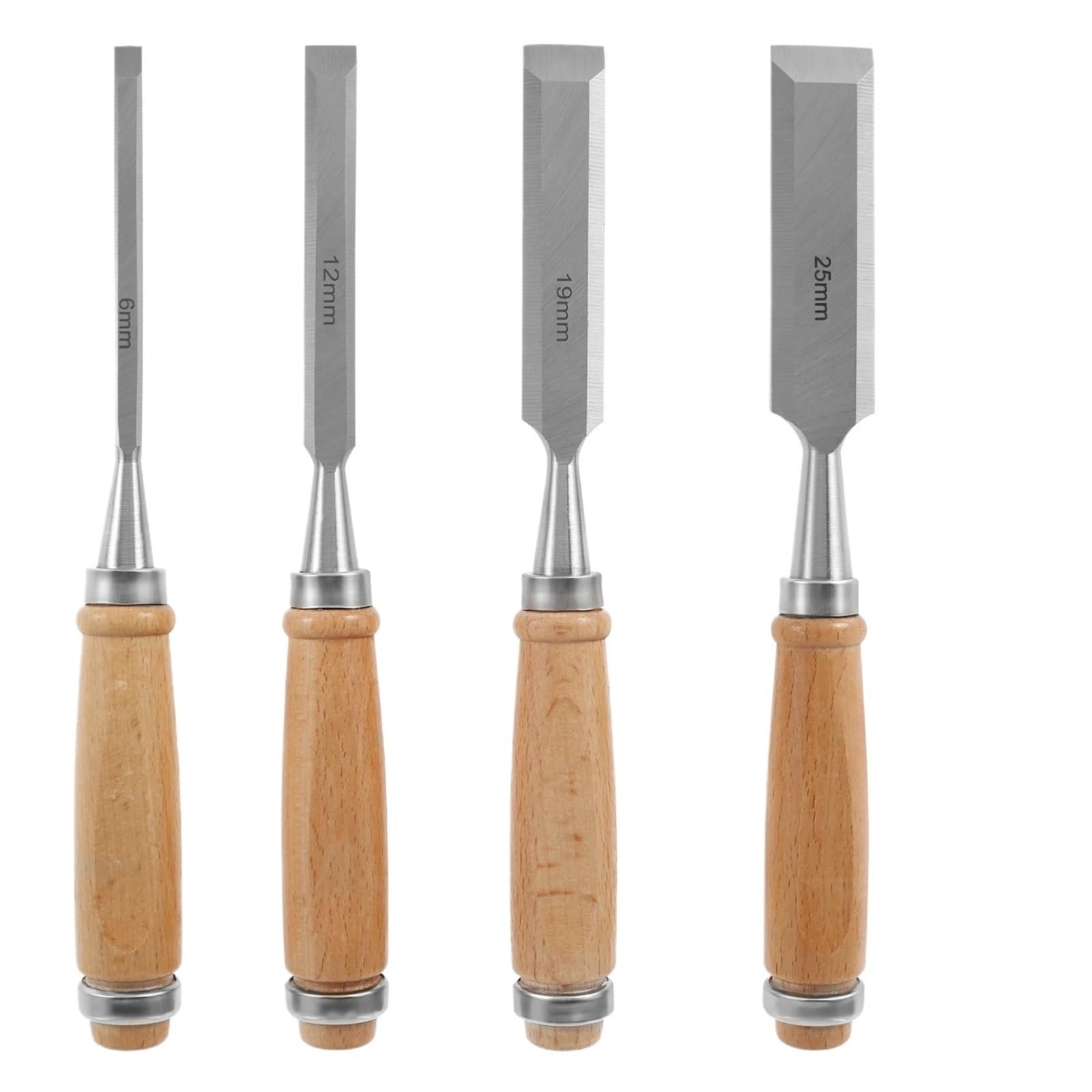 Set di 4 scalpelli for legno affilati in acciaio al cromo-vanadio con manici in faggio, strumenti ergonomici
