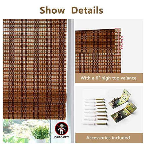 Blackout Cordless Bamboo Roman Blinds, Roll-Up Natural Woven Shades With 6" H Valance, Custom Light Filtering Bamboo Shades For Windows, Doors, Patio Door, Porch, Color 7 #TOP2