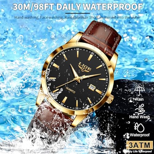 Image of LIGE Fashion Mans Wristwatch Date Luminous Dress Watch for Man Stylish Waterproof Quartz Wrist Watch Stylish Leather Watches for Men