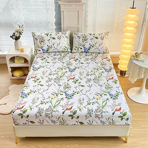 Chickwin Drap Housse Antidérapants Housse de Matelas, Impression de Fleurs Plante Confortable Respirant Drap-Housse Poche Profonde 30cm, Ensemble de Literie...
