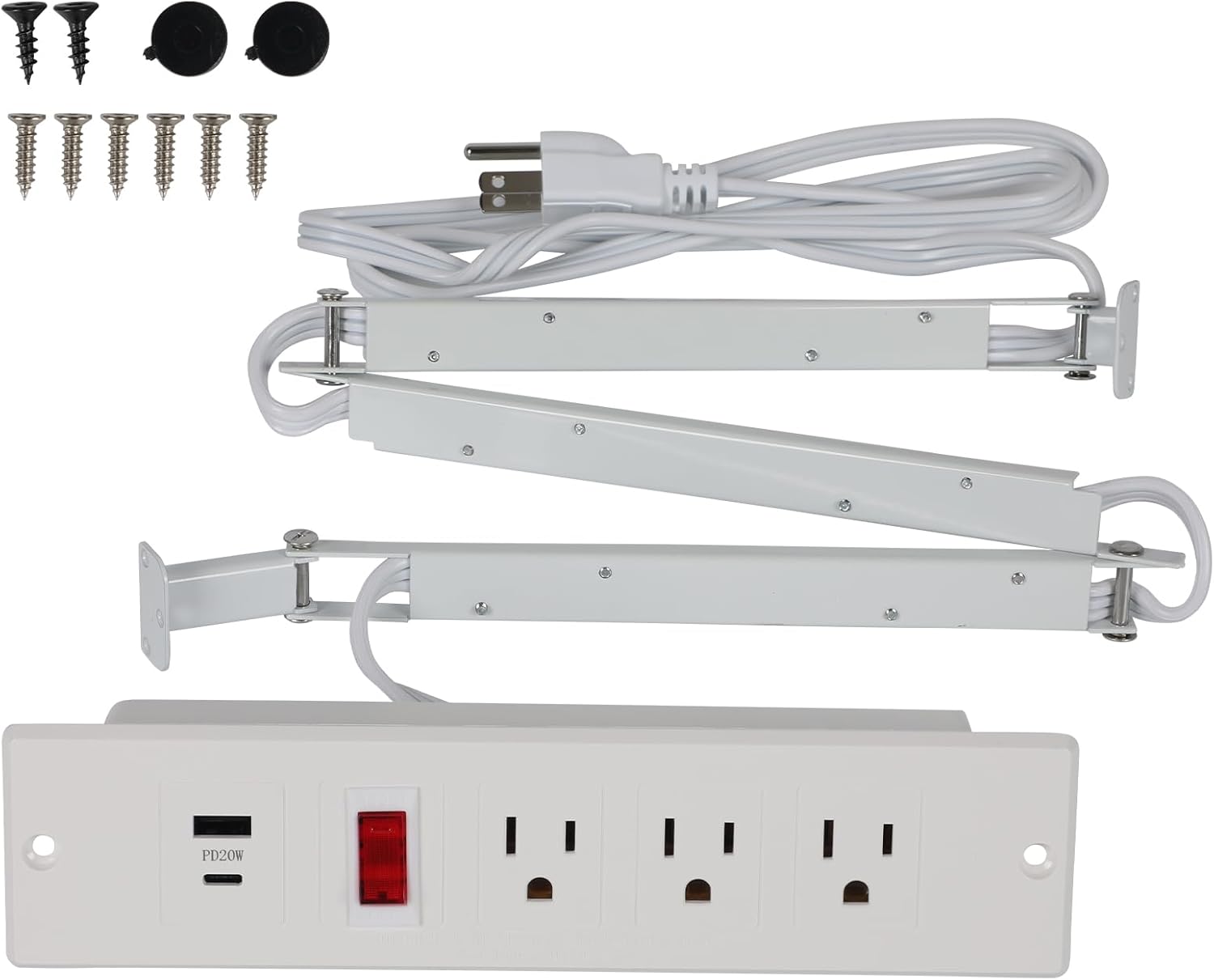 Drawer Outlet Kit Flush Mount Recessed Outlet Furniture Power Strip with Overload Protection Switch Clutter Free Drawer Socket with 6.5FT Extension Cord Management Arm for Kitchen Office (White)
