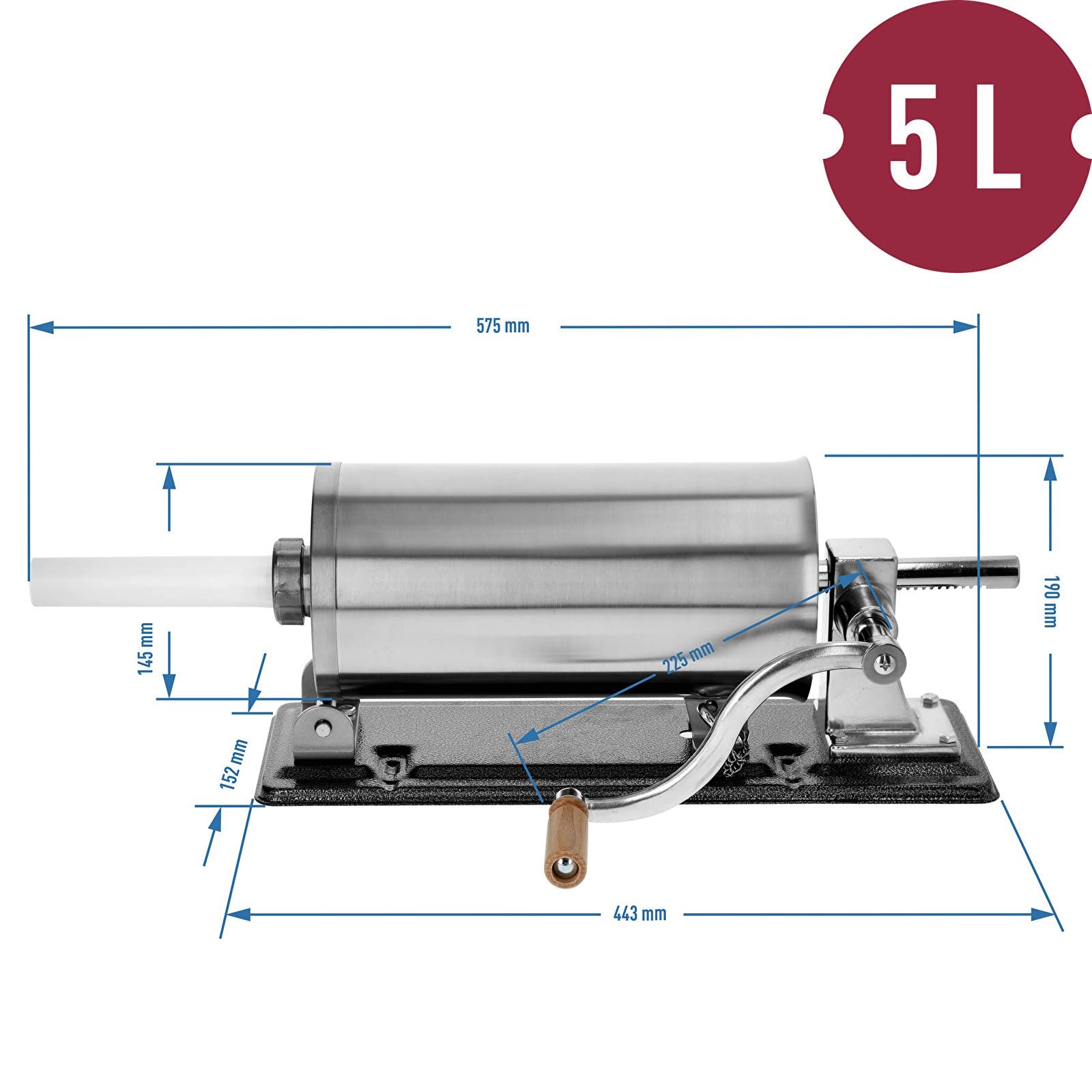 Browin 311005 Insaccatrice Orizzontale per Salsiccia 5 kg, insaccatrice Manuale per Salsicce, rigaglie, 4 imbuti di Diverso Diametro, Acciaio Inox