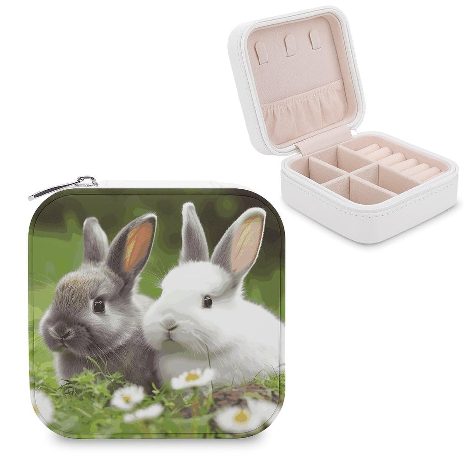 VstaDank Two Little Cute Rabbits Jewelry Box for Women Custom Travel Jewelry Case Personalized Travel Jewelry Boxes Small Portable Jewelry Organizer Box for Rings Necklaces Bracelets Earring
