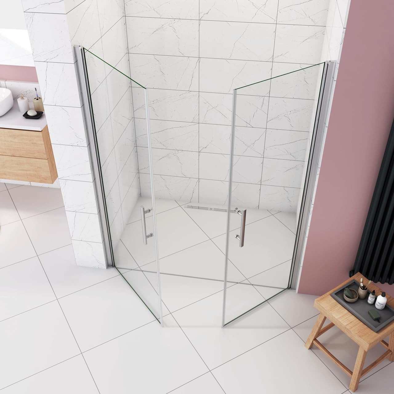 Box Doccia per Nicchia 185 cm Doppia Porta Battente Saloon Vetro Temperato 6 mm Anticalcare Larga 150 cm（80+76：1478-1518 mm)