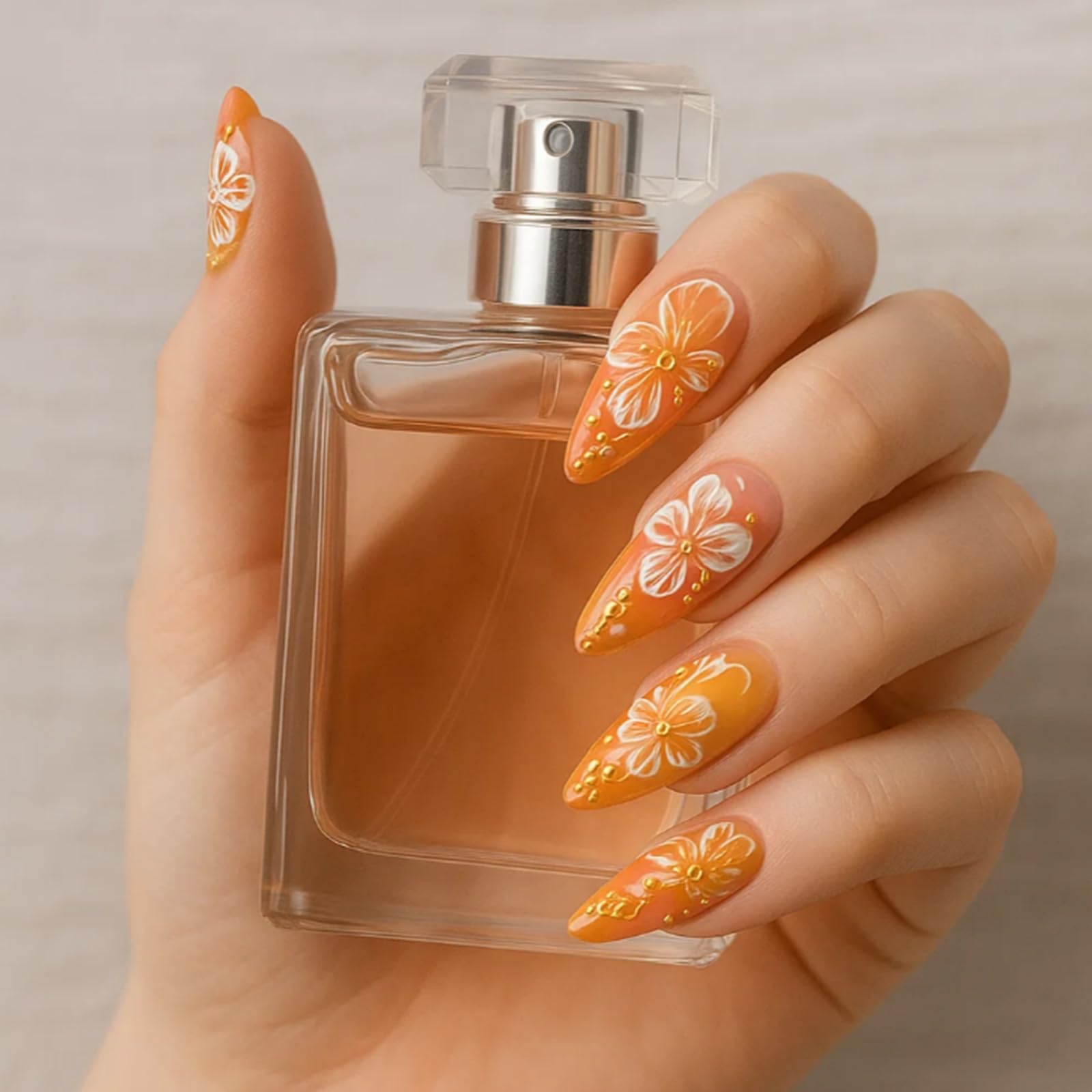 Glossy Almond Gradient Pink Orange Artificial Nails with Floral Glitter Rhinestone Accents - Image 3