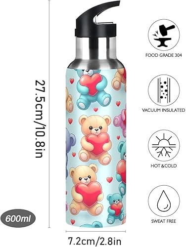 Miniatura 9 de Insulated Water Bottle 32 Oz, BPA-Free Sports Water Bottle with Straw for Gym Outdoor Travel School, Cute Bears Red Hearts