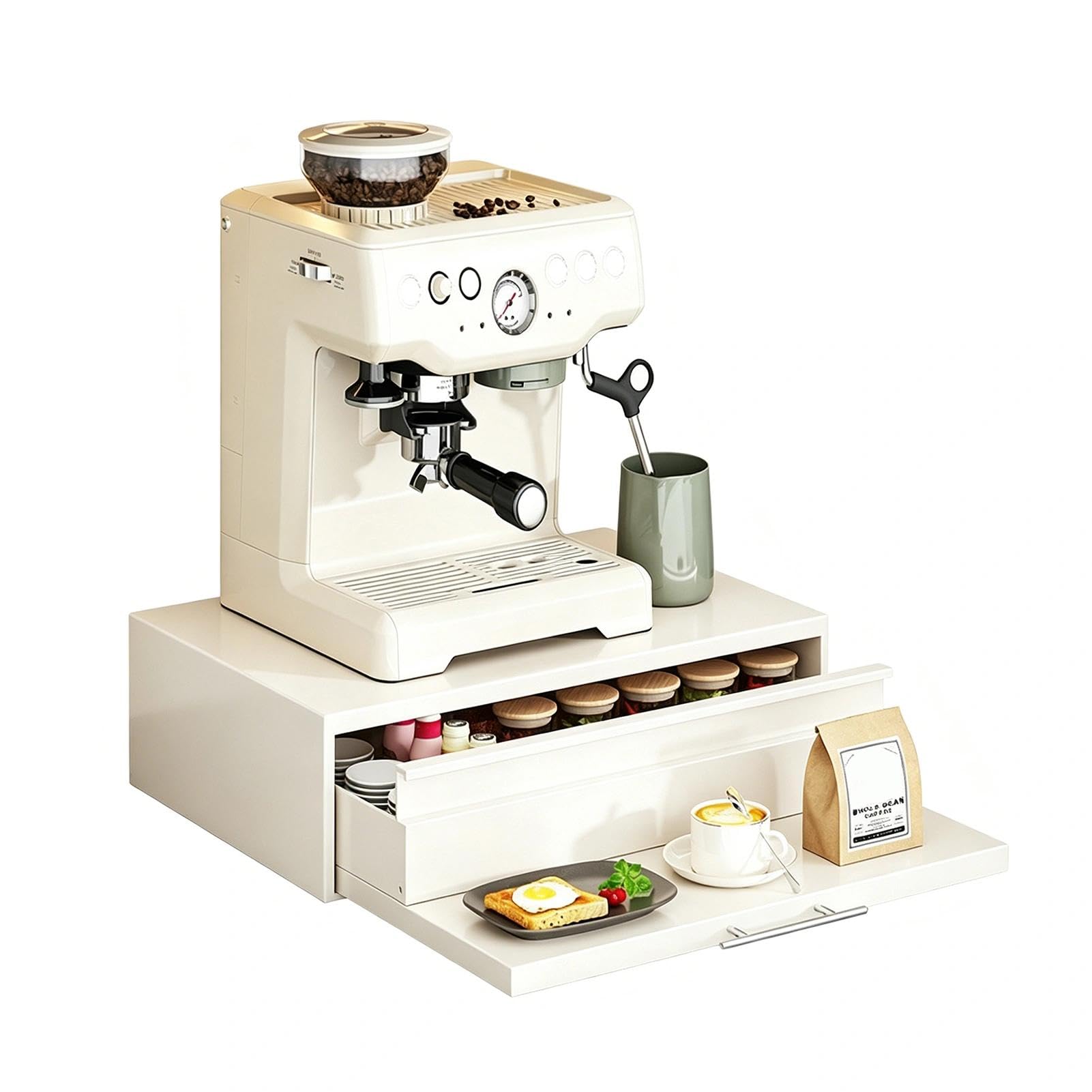 Coffee Pod Holder With Drawers & Side Caddy – Sild Out Coffee Station Organizer Cup Storage Box Coffee Machine Stand For Kitchen Countertop(White-A)