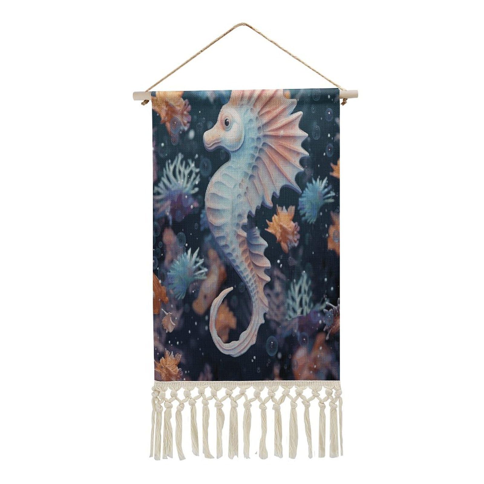 Adfgyerh Style Seahorse And Starfish Tapestry With Tassels Cotton And Linen Hanging Posters, Wall Art For Travel Gift, Wall Tapestry For Office Home Decor Bedroom Living Room Decor