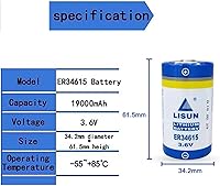 Vista 2 de ER34615 - Batería de litio ER34615 3.6v 19ah tamaño D para programador PLC multiusos, batería ER34615