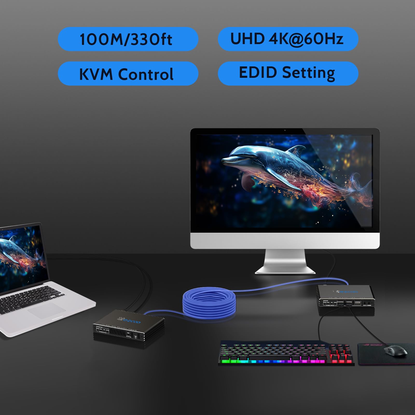 ROFAVEZCO 4K HDMI KVM Extender USB unkomprimiert 4K 60Hz HDR Single Over Cat5e/6 bis zu 300 Fuß 3 Ports USB 2.0 Hub POE RS232 EDID 3,5 mm Stereo Audio und Mikrofon 70H2KVM