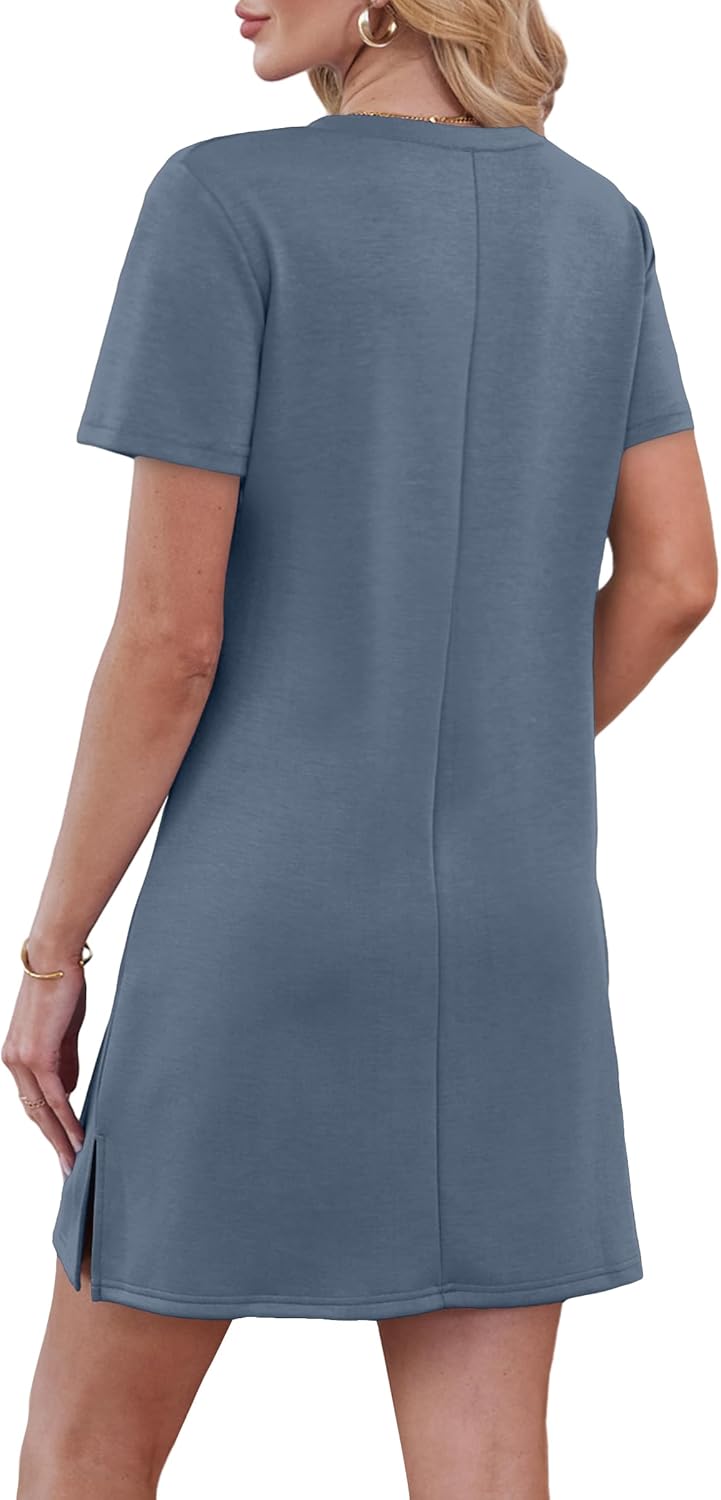 RUMIA Summer Casual Dresses for Women 2025 Vacation Dress V Neck Short Sleeve Split Hem Beach Sundress Dustyblue M - Image 5