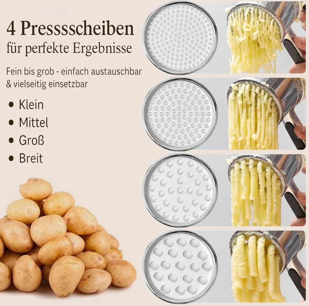 Prensa de patatas de acero inoxidable con 4 discos intercambiables, multifuncional para finos, medios, gruesos y anchos