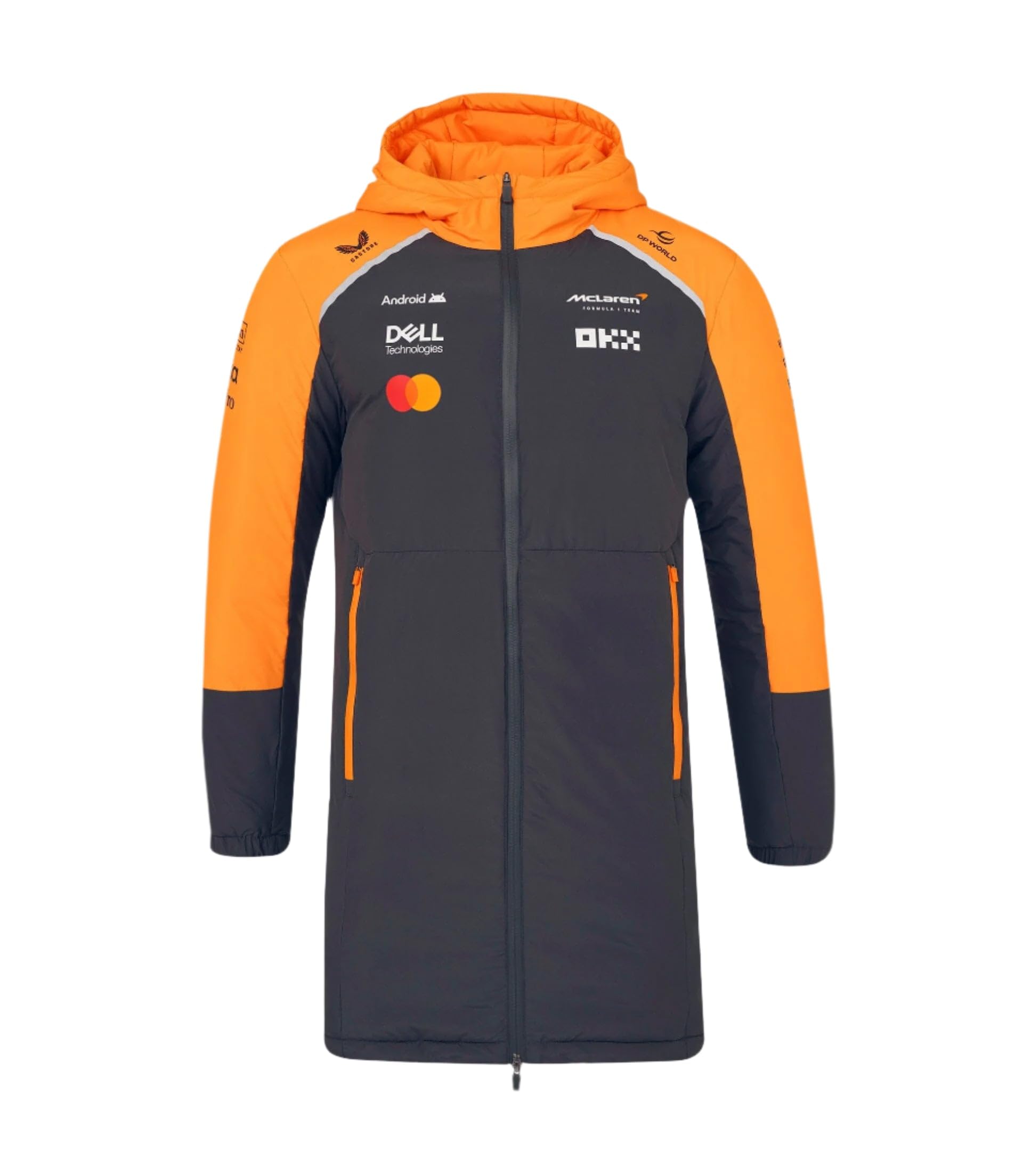 Castore Unisex Grey Mclaren F1 Team Longline Padded Rain Jacket, 2025 Season, Orange And (Uk, Alpha, L, Regular, Regular, )