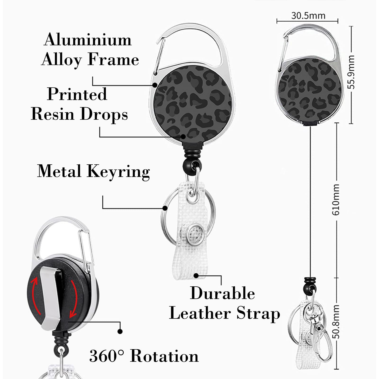 Porta Badge Retrattile Leopardato con Clip e Cordino Staccabile, Badge Holder per Impiegati, Medici, Infermieri, Insegnanti, Grigio