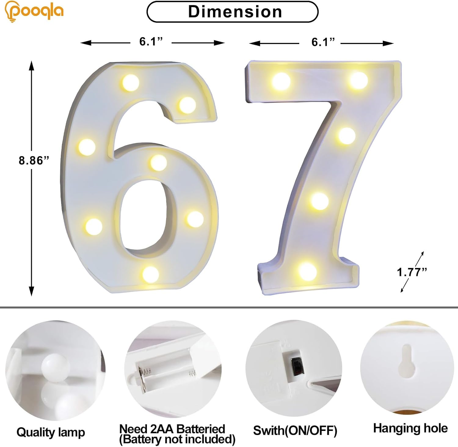  Decorative LED Light Up Number Letters, White Plastic Marquee Number Lights Sign for 67th Birthday Party Wedding Decor, Battery Operated thumbnail